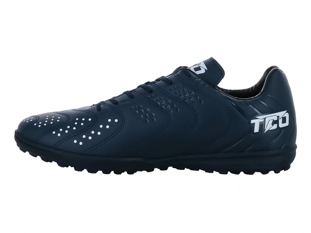 Zapato de fútbol Leon Trucco color azul marino con detalles en blanco y suela para césped sintético.