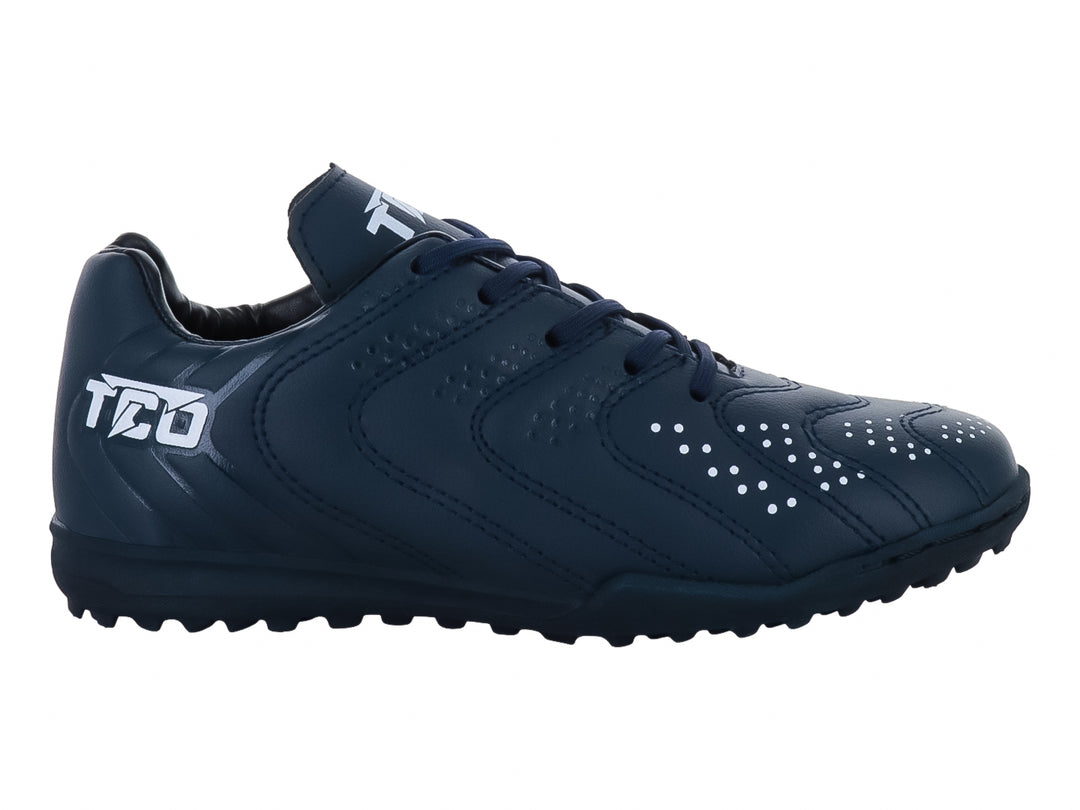 Zapato de fútbol Leon Trucco color marino con detalles blancos y suela para césped sintético.