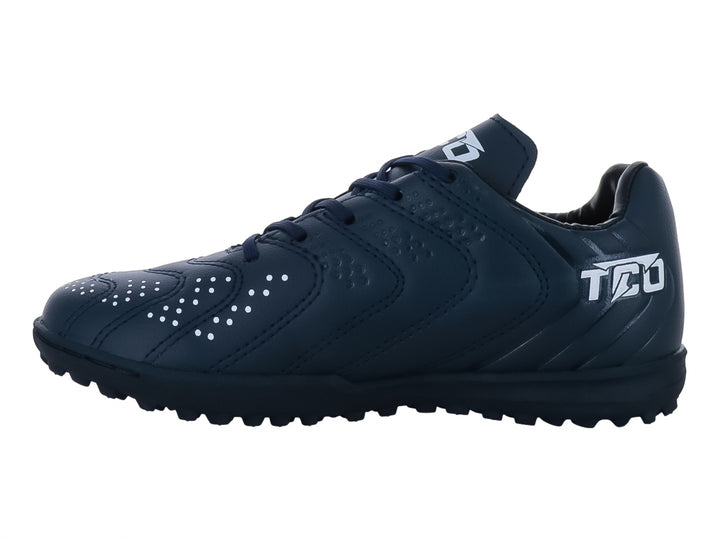 Zapato de fútbol Leon Trucco color marino con detalles blancos y suela para césped sintético.