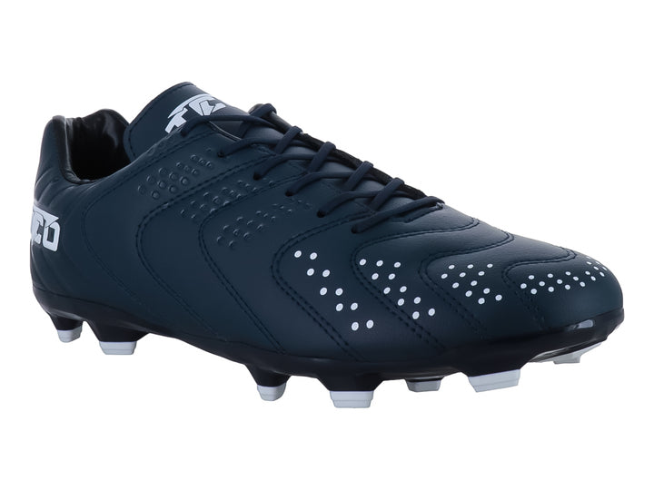 Zapato de fútbol Leon Trucco color marino con detalles en blanco y tacos para pasto natural.