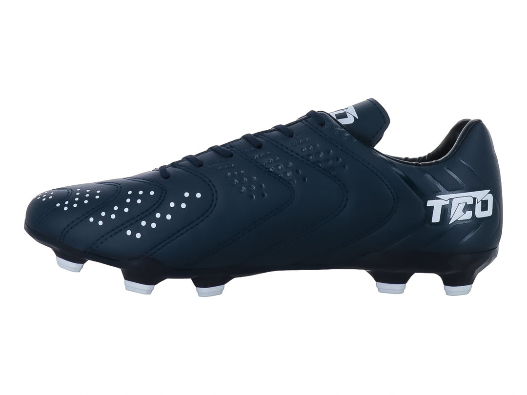 Zapato de fútbol Leon Trucco color marino con detalles en blanco y tacos para pasto natural.