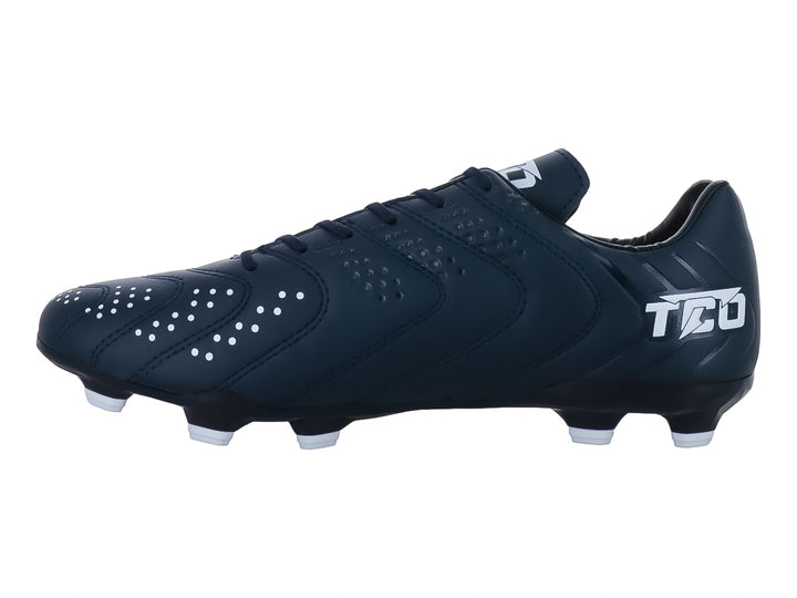 Zapato de fútbol Leon Trucco color marino con detalles en blanco y tacos para pasto natural.
