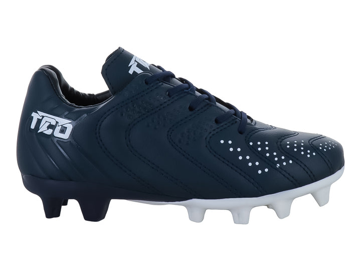 Zapato de fútbol Leon Trucco color marino con suela y tacos blancos.