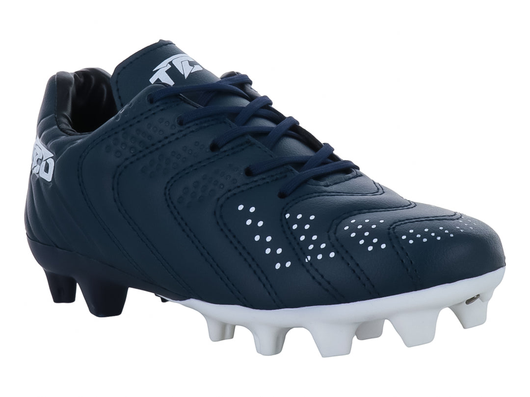 Zapato de fútbol Leon Trucco color marino con suela y tacos blancos.