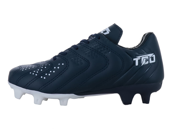 Zapato de fútbol Leon Trucco color marino con suela y tacos blancos.