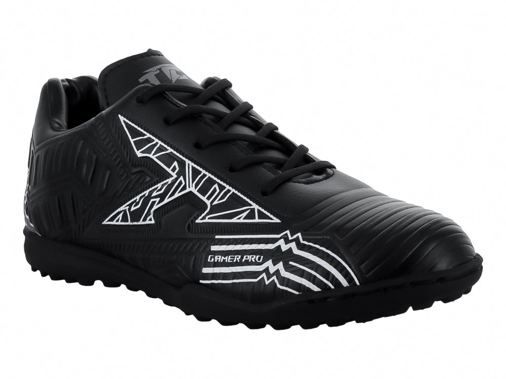 Zapato de fútbol Leon Trucco negro con detalles gráficos en blanco y suela para pasto sintético