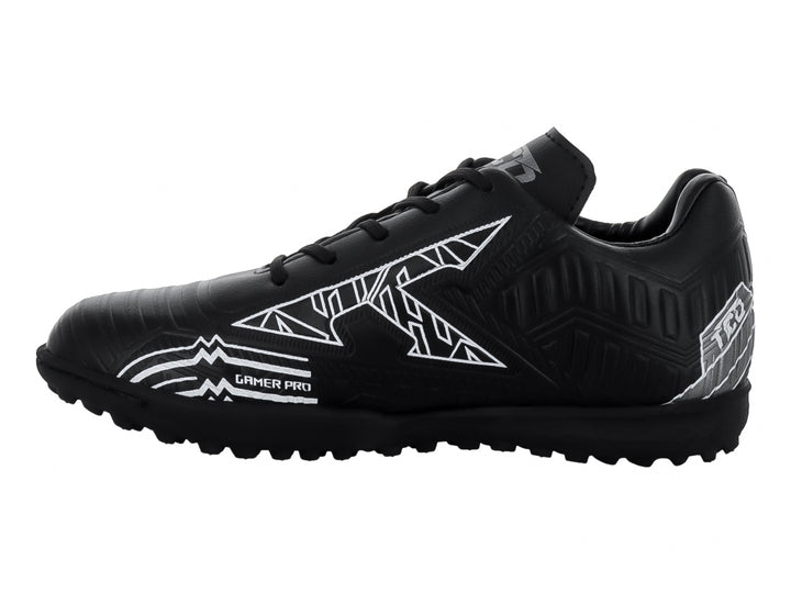 Zapato de fútbol Leon Trucco negro con detalles gráficos en blanco y suela para pasto sintético