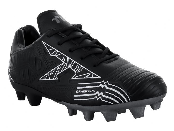 Zapato de fútbol Leon Trucco color negro con detalles gráficos en blanco y tacos para pasto.