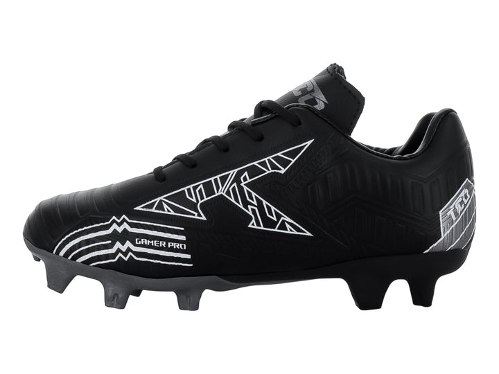 Zapato de fútbol Leon Trucco color negro con detalles gráficos en blanco y tacos para pasto.