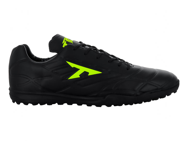Zapato de fútbol Leon Trucco color negro con detalles en amarillo neón y suela para pasto sintético.