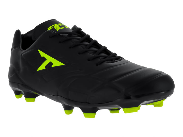 Zapato de fútbol Leon Trucco color negro con detalles y tacos en amarillo neón.