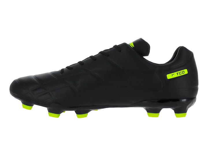 Zapato de fútbol Leon Trucco color negro con detalles y tacos en amarillo neón.