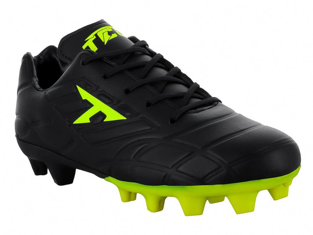 Zapato de fútbol Leon Trucco en color negro con suela y detalles en amarillo neón.