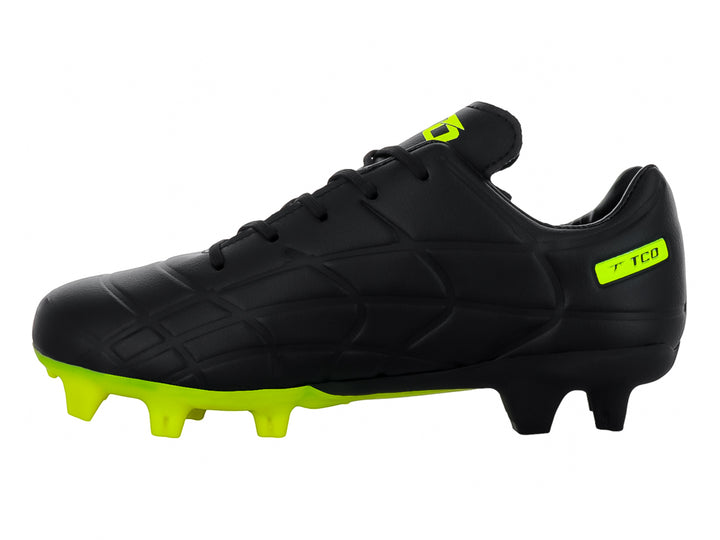 Zapato de fútbol Leon Trucco en color negro con suela y detalles en amarillo neón.