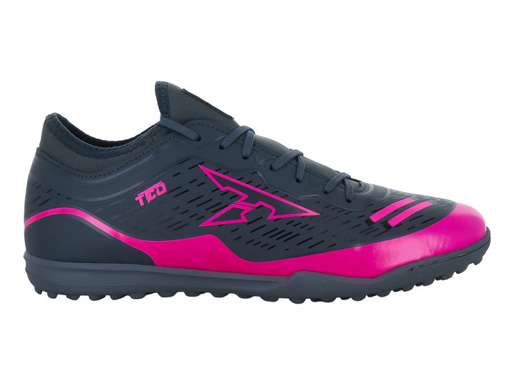 Zapato de fútbol Leon Trucco CT10 en color Oxford con detalles en fucsia y suela para pasto sintético.