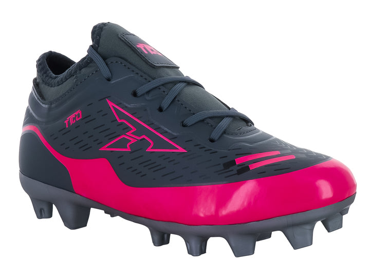 Zapato de fútbol Leon Trucco modelo CT10 en colores gris oxford y rosa fucsia con suela para pasto natural.