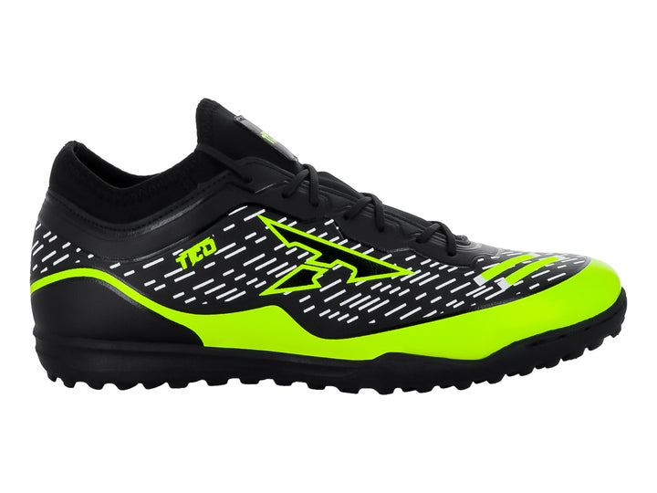 Zapato de fútbol turf Leon Trucco en color negro con detalles en amarillo neón.