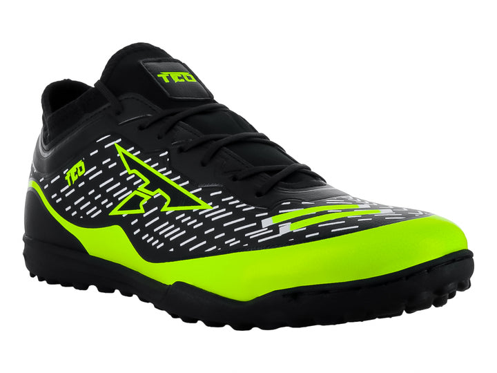 Zapato de fútbol turf Leon Trucco en color negro con detalles en amarillo neón.