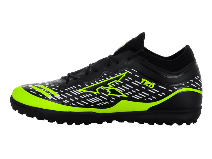 Zapato de fútbol turf Leon Trucco en color negro con detalles en amarillo neón.
