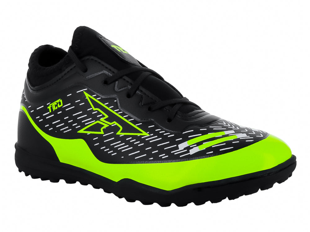 Zapato de fútbol turf Leon Trucco color negro con detalles en amarillo neón y blanco.