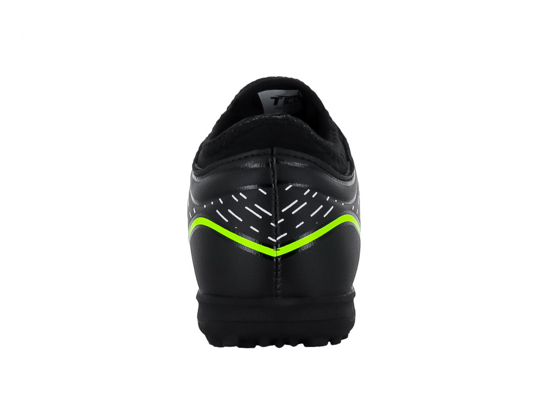 Zapato de fútbol turf Leon Trucco color negro con detalles en amarillo neón y blanco.