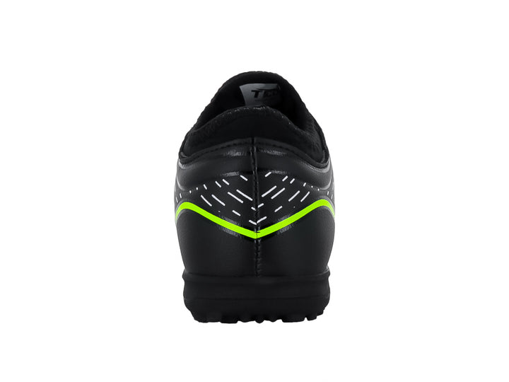 Zapato de fútbol turf Leon Trucco color negro con detalles en amarillo neón y blanco.