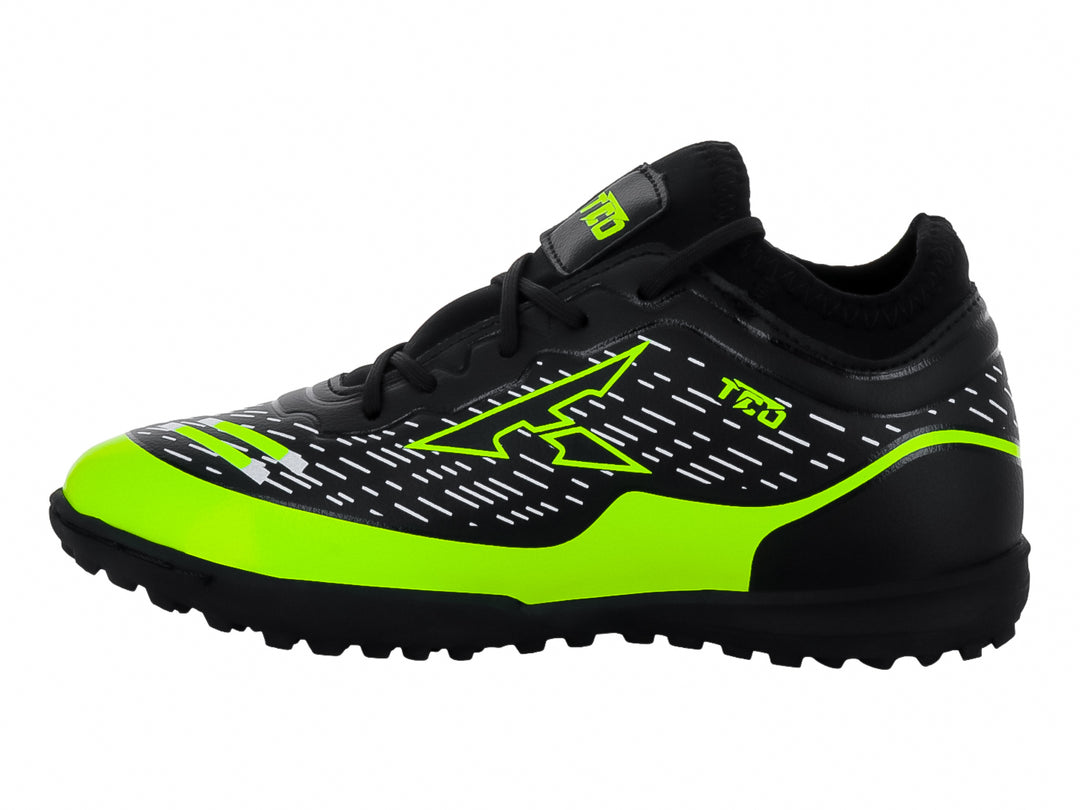 Zapato de fútbol turf Leon Trucco color negro con detalles en amarillo neón y blanco.