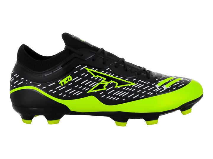Zapato de fútbol Leon Trucco color negro con detalles y suela en amarillo neón.