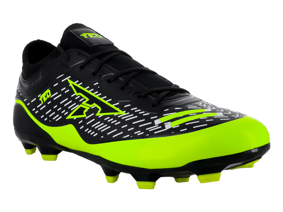 Zapato de fútbol Leon Trucco color negro con detalles y suela en amarillo neón.