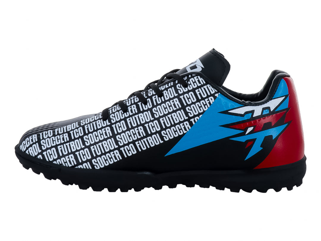 Zapato de fútbol turf Leon Trucco color negro con gráficos en azul, rojo y blanco.