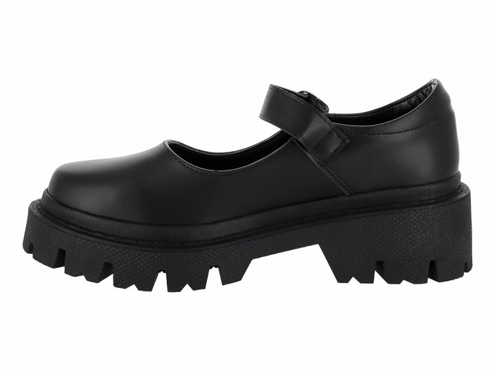 Zapato Mary Jane negro de plataforma con suela track y correa con hebilla plateada.