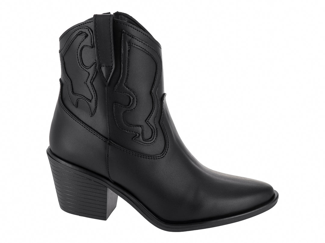 Bota vaquera de cuero negro para mujer con tacón cuadrado y detalles bordados laterales.