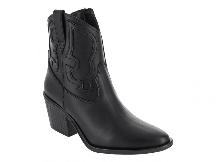 Bota vaquera de cuero negro para mujer con tacón cuadrado y detalles bordados laterales.