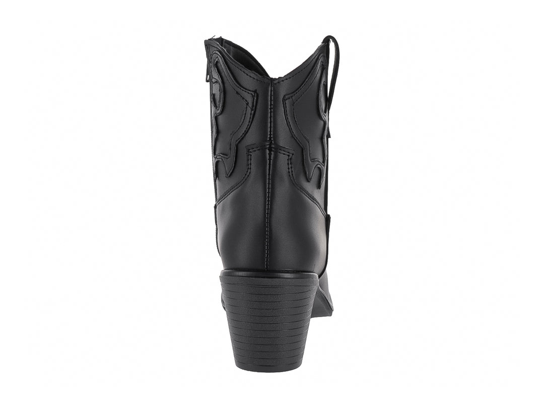 Bota vaquera de cuero negro para mujer con tacón cuadrado y detalles bordados laterales.
