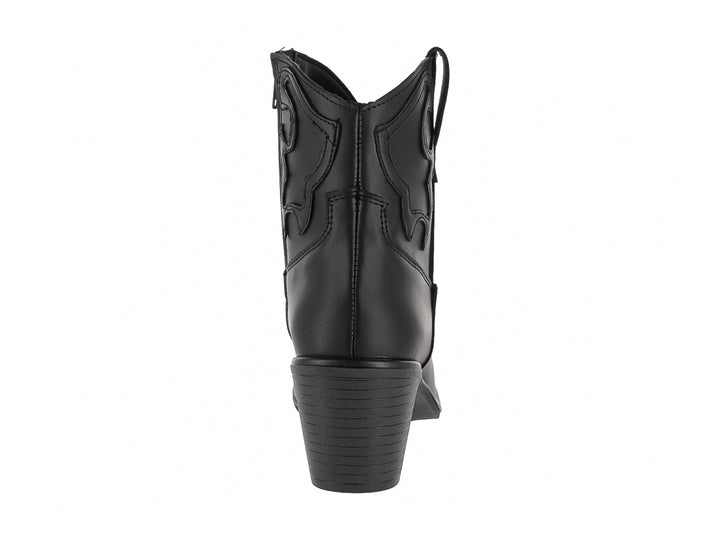 Bota vaquera de cuero negro para mujer con tacón cuadrado y detalles bordados laterales.