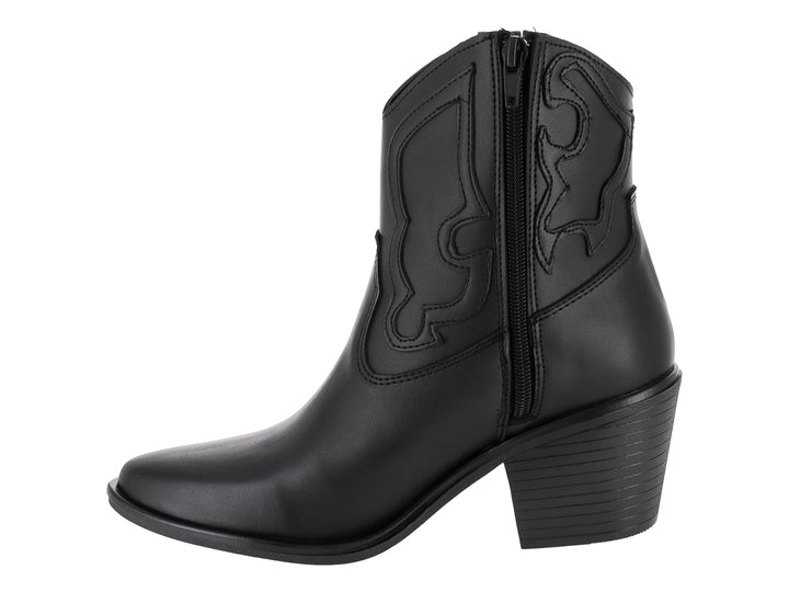 Bota vaquera de cuero negro para mujer con tacón cuadrado y detalles bordados laterales.