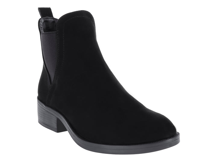 Botín negro estilo Chelsea para mujer con panel elástico lateral y tacón bajo.