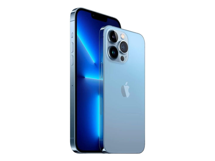 iPhone 13 Pro Max color azul, vista frontal y posterior resaltando la pantalla y el sistema de cámaras.