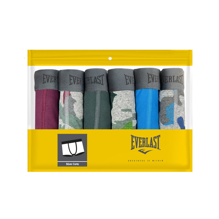 Set de 6 bóxers cortos Everlast en colores sólidos y estampados de camuflaje.