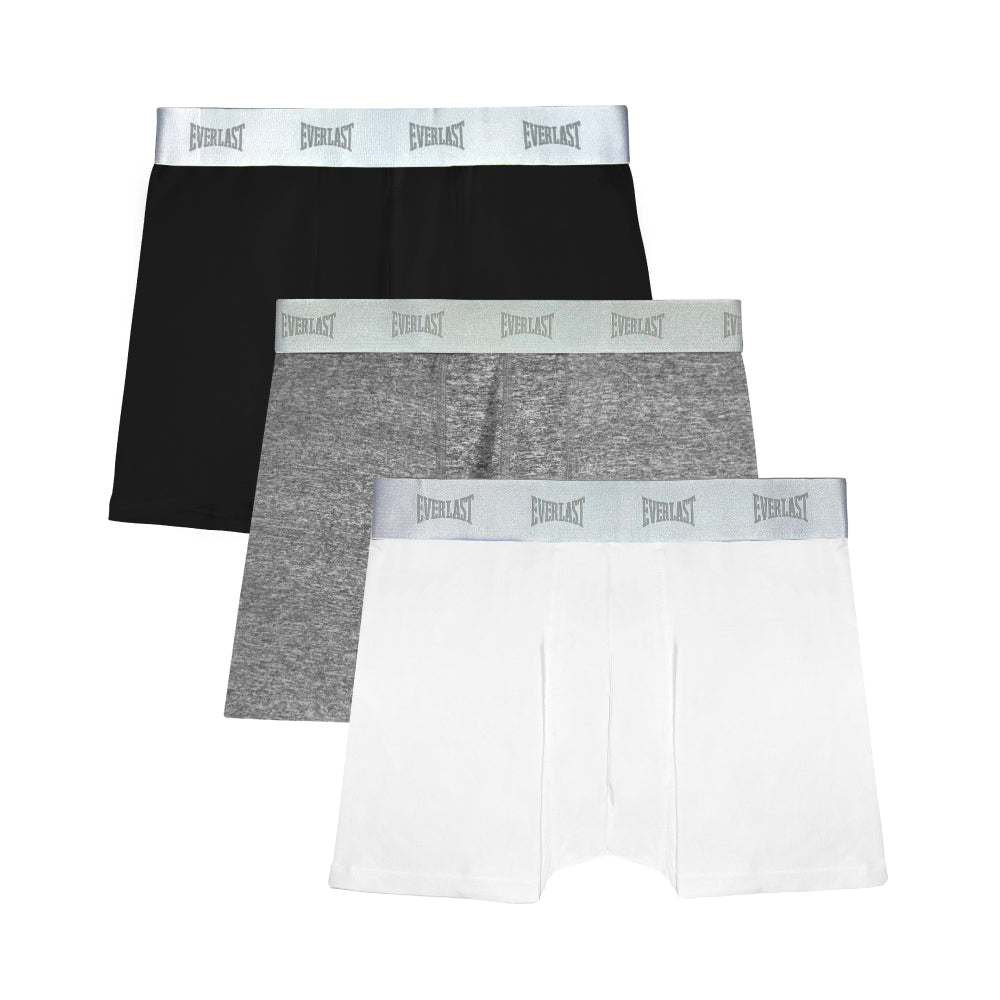 Paquete de 3 boxers trunk de Everlast en colores negro, gris y blanco.