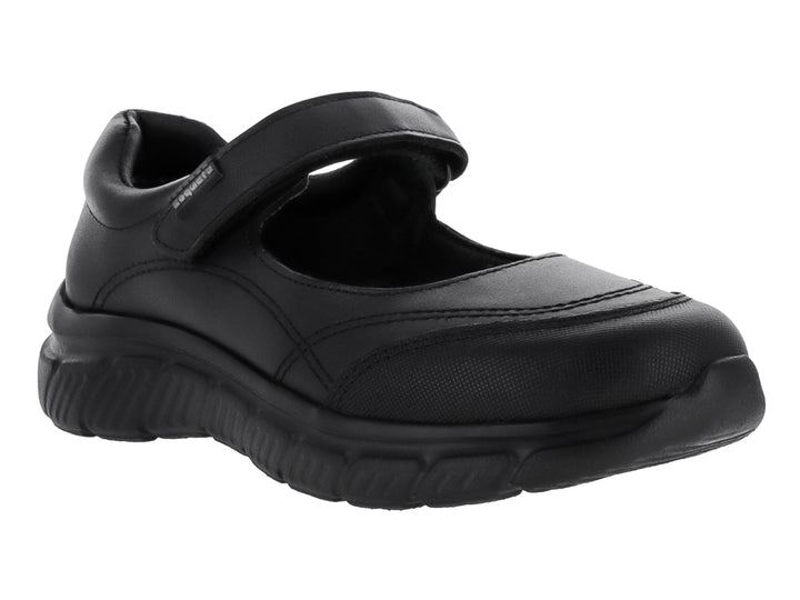 Zapato negro para niño o niña con cierre de correa velcro y suela robusta sobre fondo blanco.