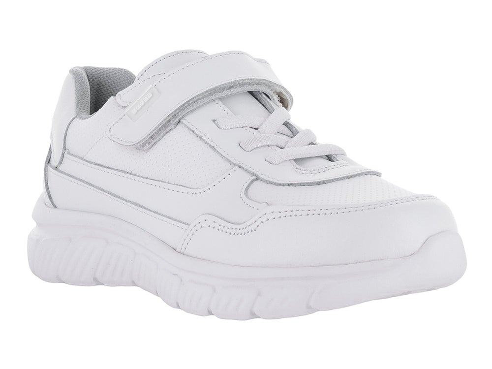 Tenis blancos para Niño o Niña con cierre de velcro y agujetas, suela gruesa y material sintético.