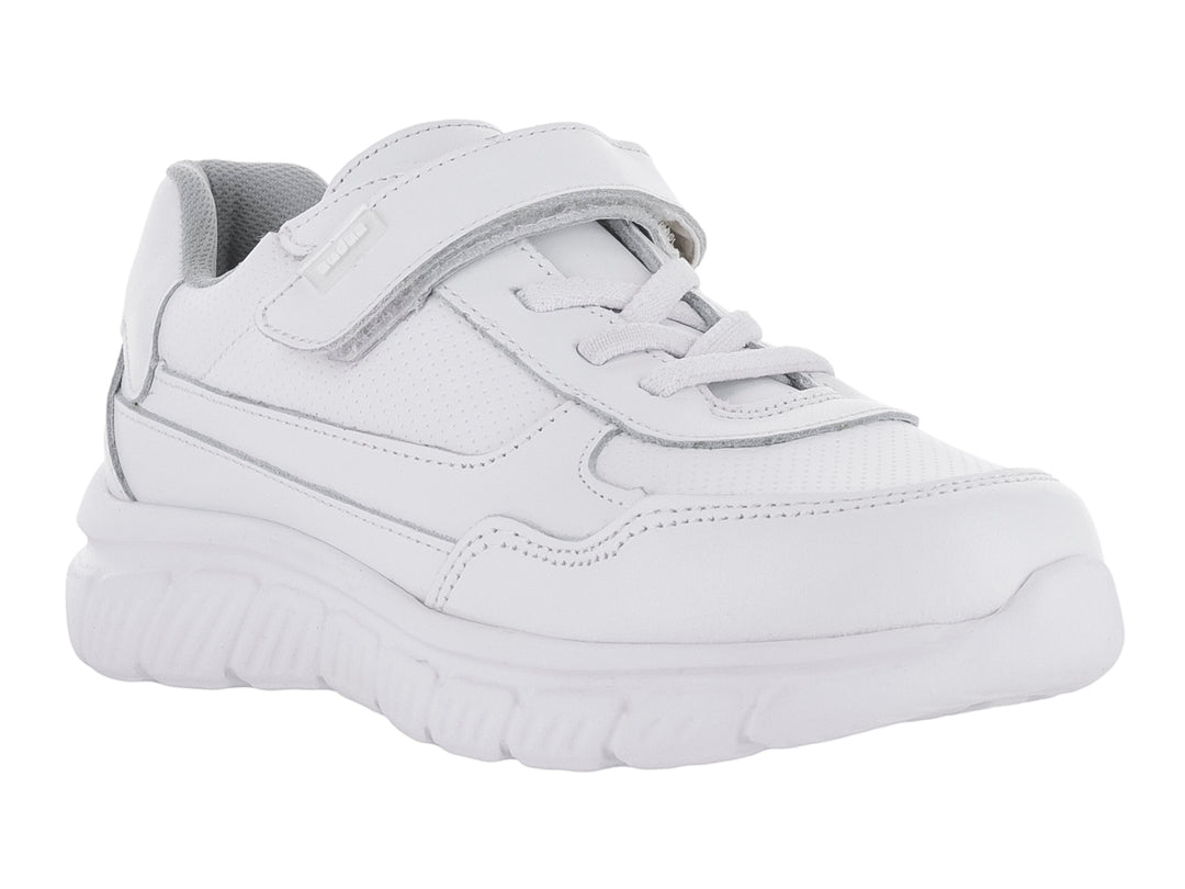 Tenis blancos para Niño o Niña con cierre de velcro y agujetas, suela gruesa y material sintético.