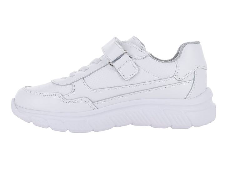 Tenis blancos para Niño o Niña con cierre de velcro y agujetas, suela gruesa y material sintético.