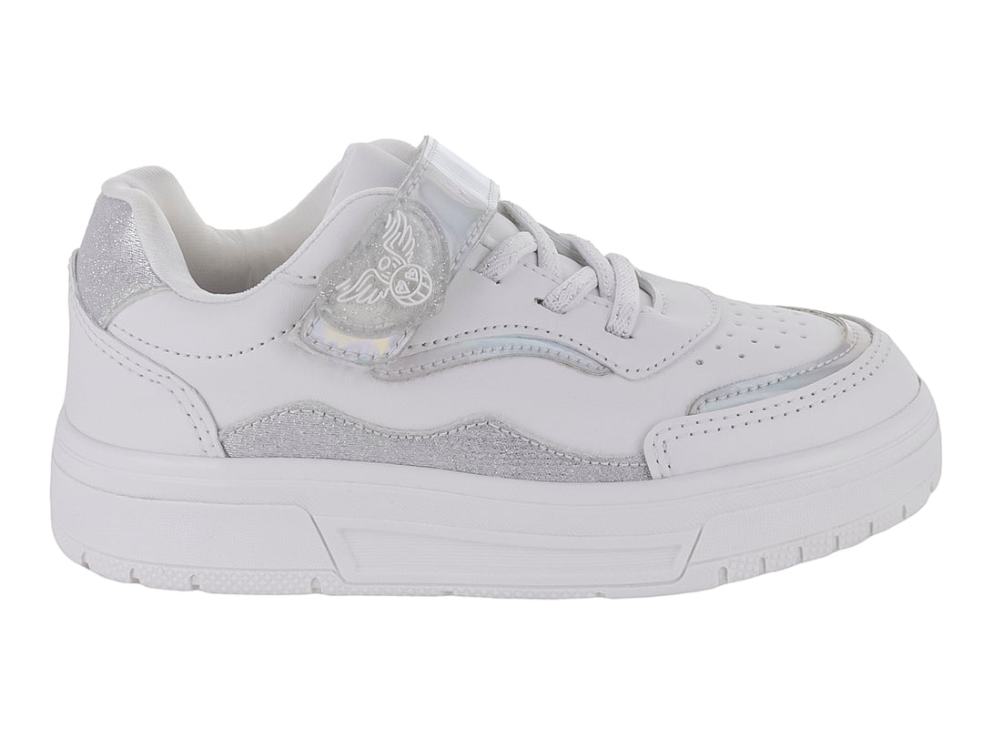 Tenis blancos con detalles brillantes tornasol y correa de velcro.