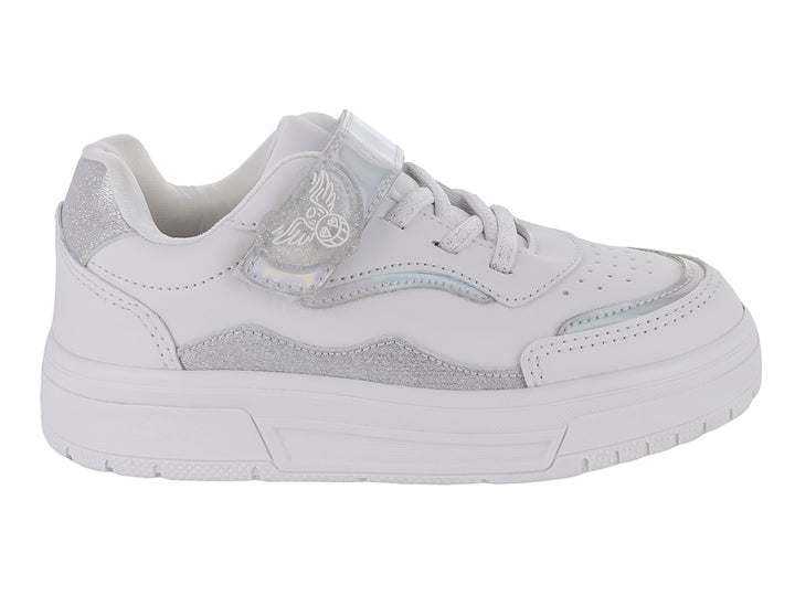 Tenis blancos con detalles brillantes tornasol y correa de velcro.