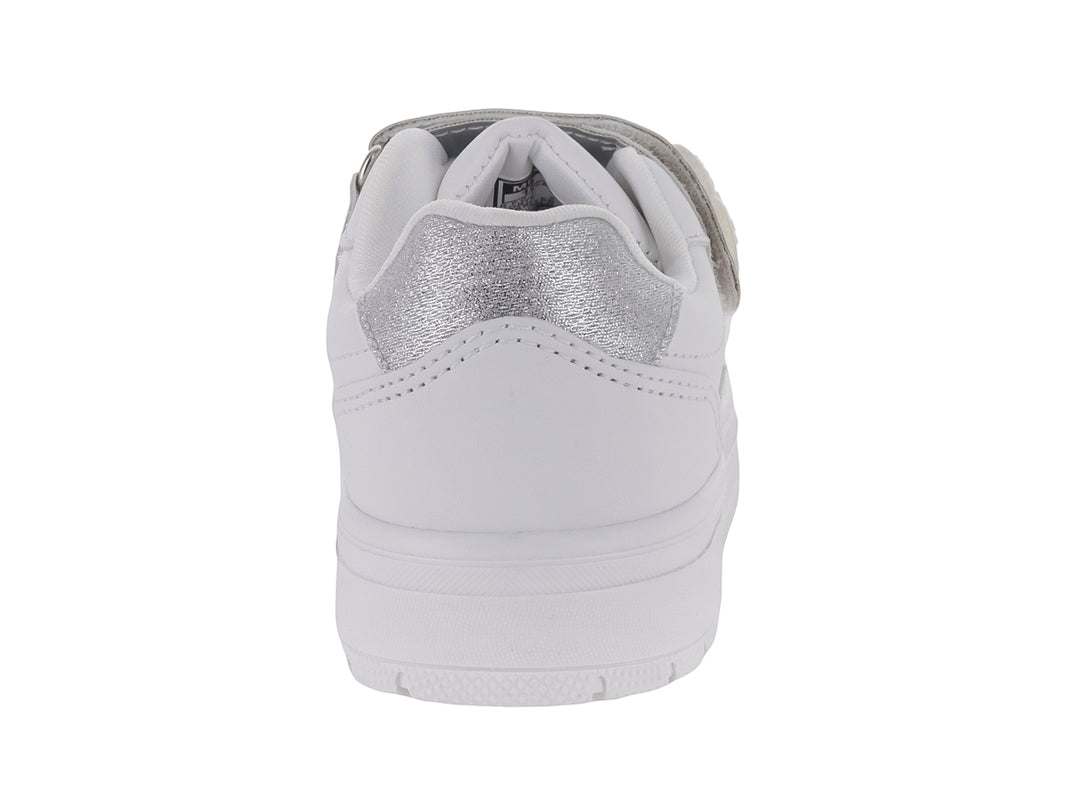 Tenis blancos con detalles brillantes tornasol y correa de velcro.