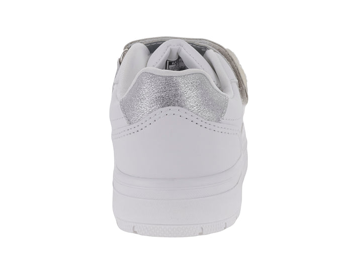 Tenis blancos con detalles brillantes tornasol y correa de velcro.