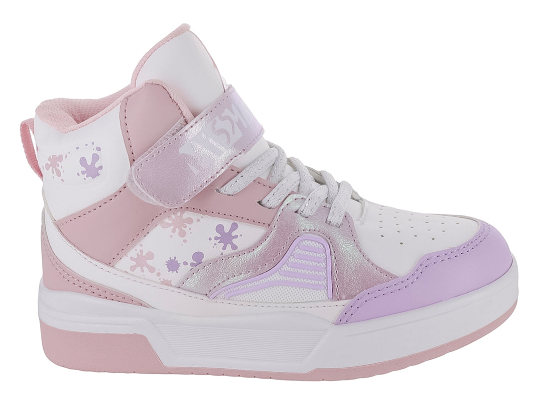 Tenis deportivos para Niña en colores blanco, lila y rosa con cierre de agujetas y correa de velcro.