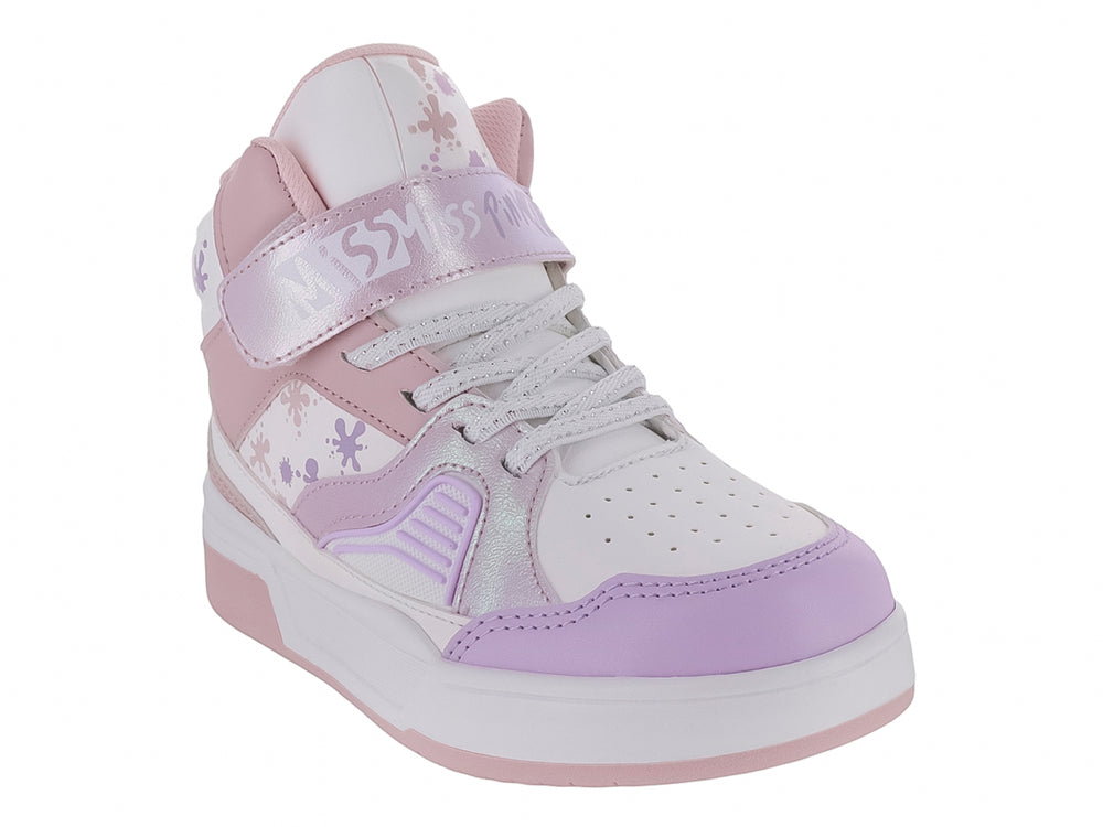 Tenis deportivos para Niña en colores blanco, lila y rosa con cierre de agujetas y correa de velcro.